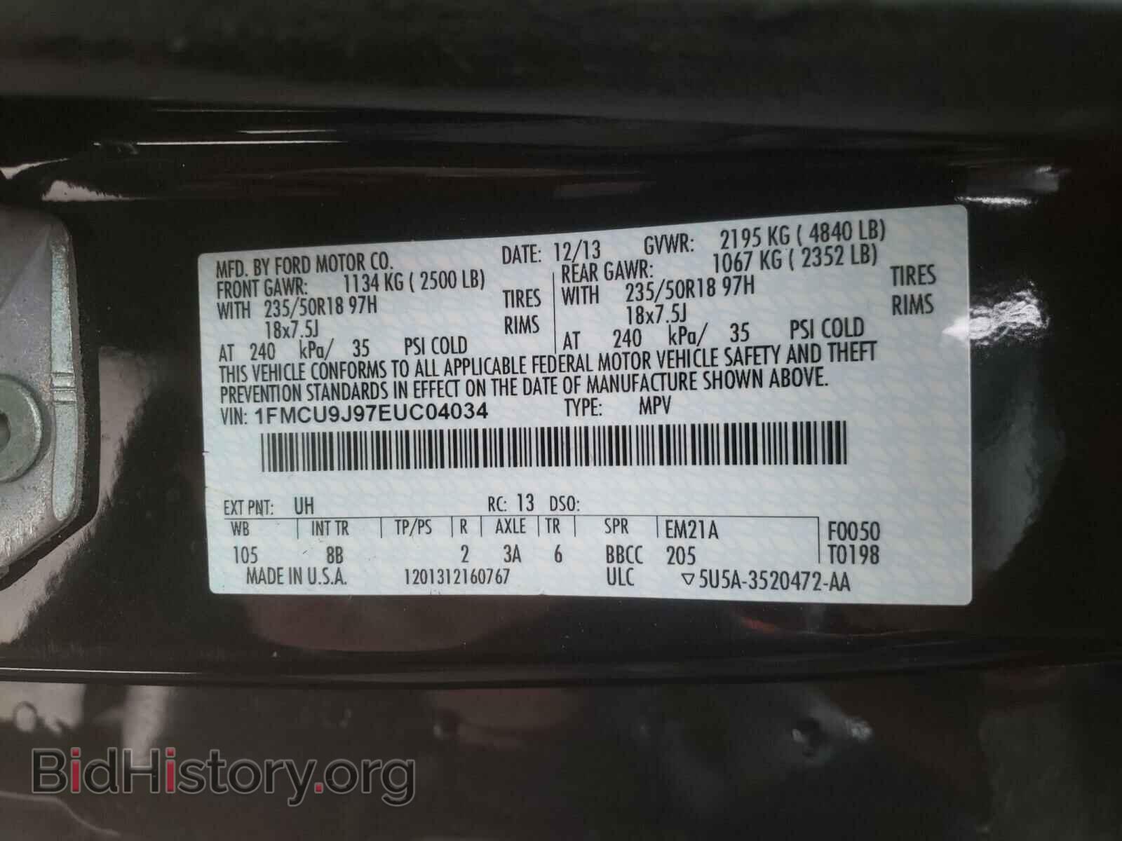 2014 FORD ESCAPE - VIN: 1FMCU9J97EUC04034 - Фото 10