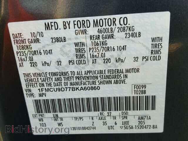 2011 FORD ESCAPE - VIN: 1FMCU9D77BKA60860 - Фото 10