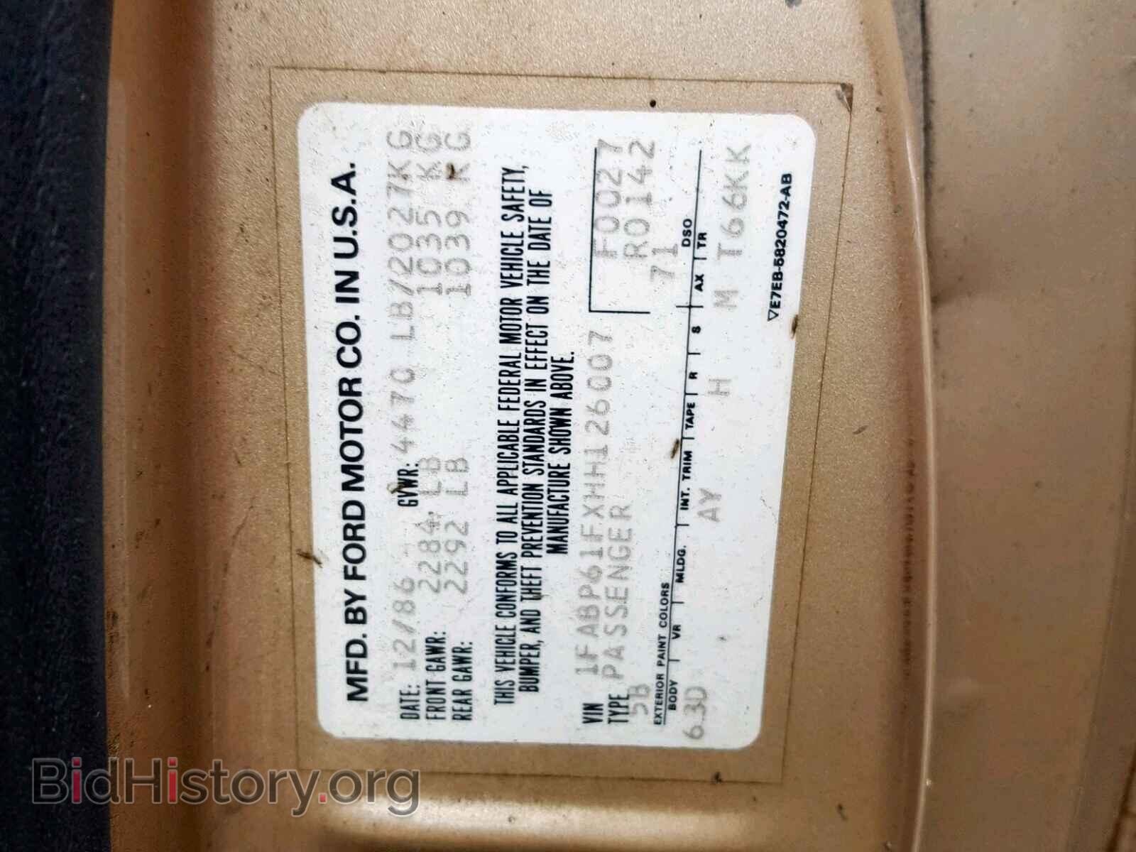 1987 FORD TBIRD - VIN: 1FABP61FXHH126007 - Фото 10