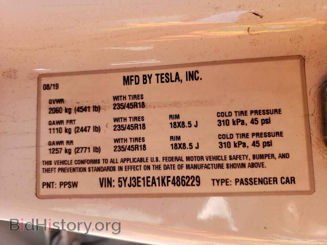 2019 TESLA MODEL 3 - VIN: 5YJ3E1EA1KF486229 - Фото 10