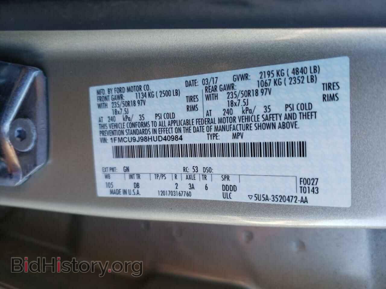 2017 FORD ESCAPE - VIN: 1FMCU9J98HUD40984 - Фото 10