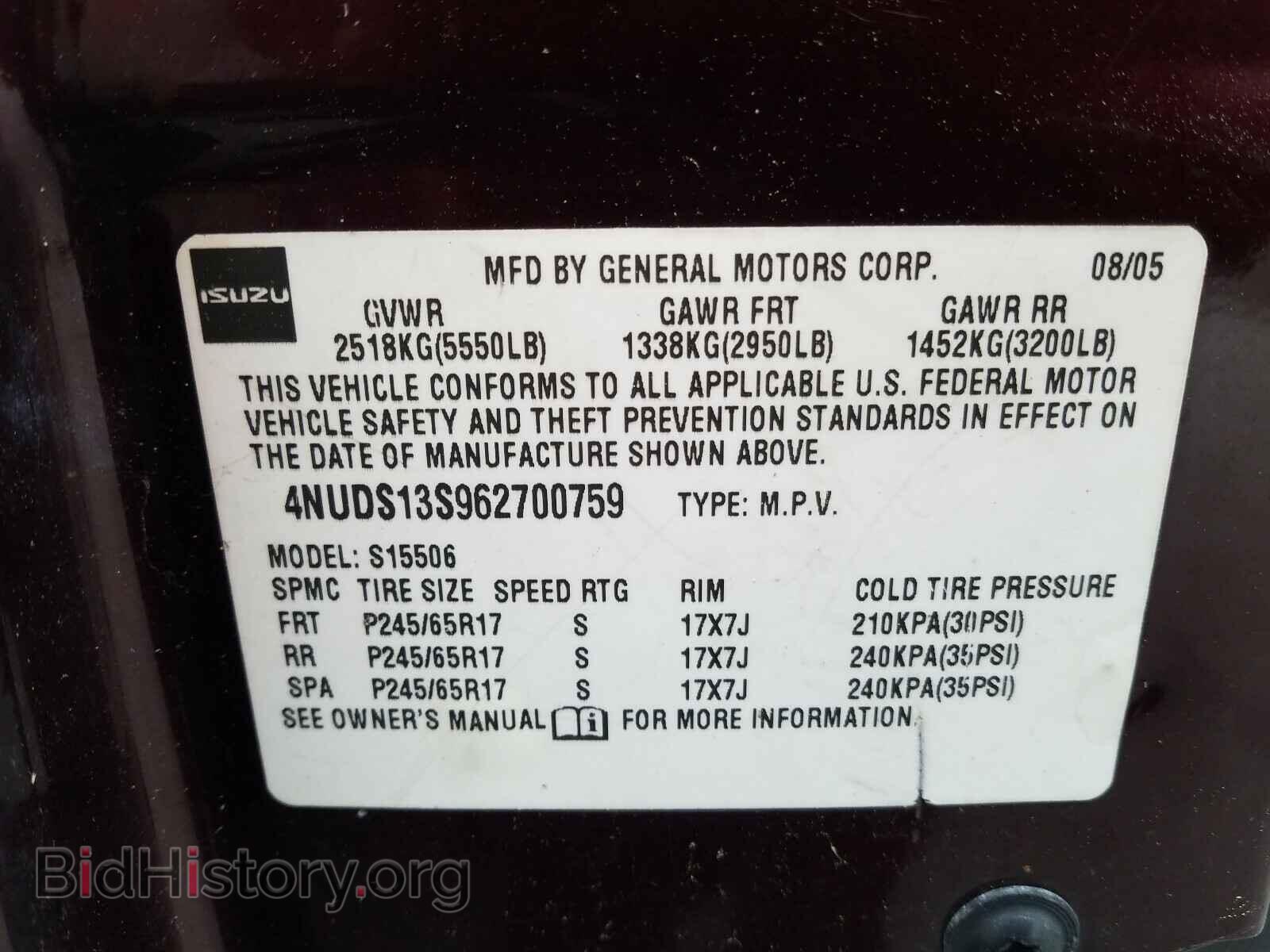 2006 ISUZU ASCENDER - VIN: 4NUDS13S962700759 - Фото 10