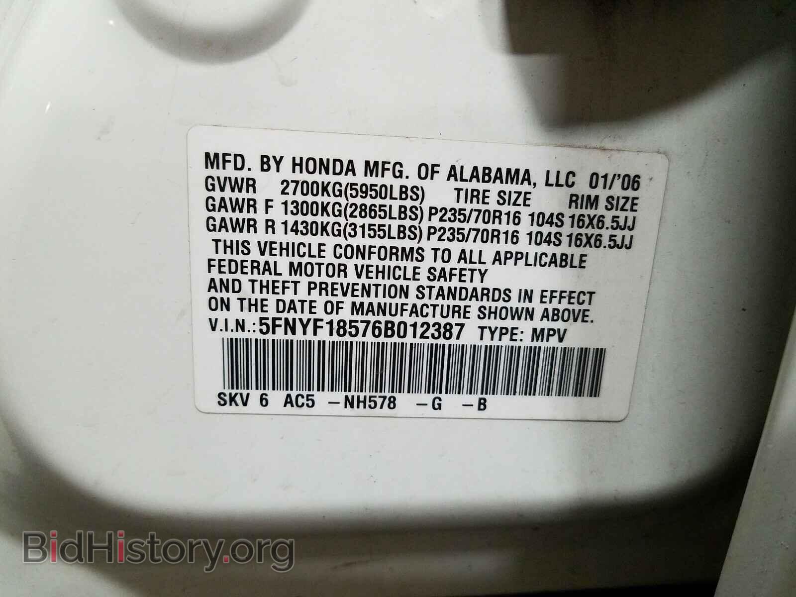 2006 HONDA PILOT - VIN: 5FNYF18576B012387 - Photo 10