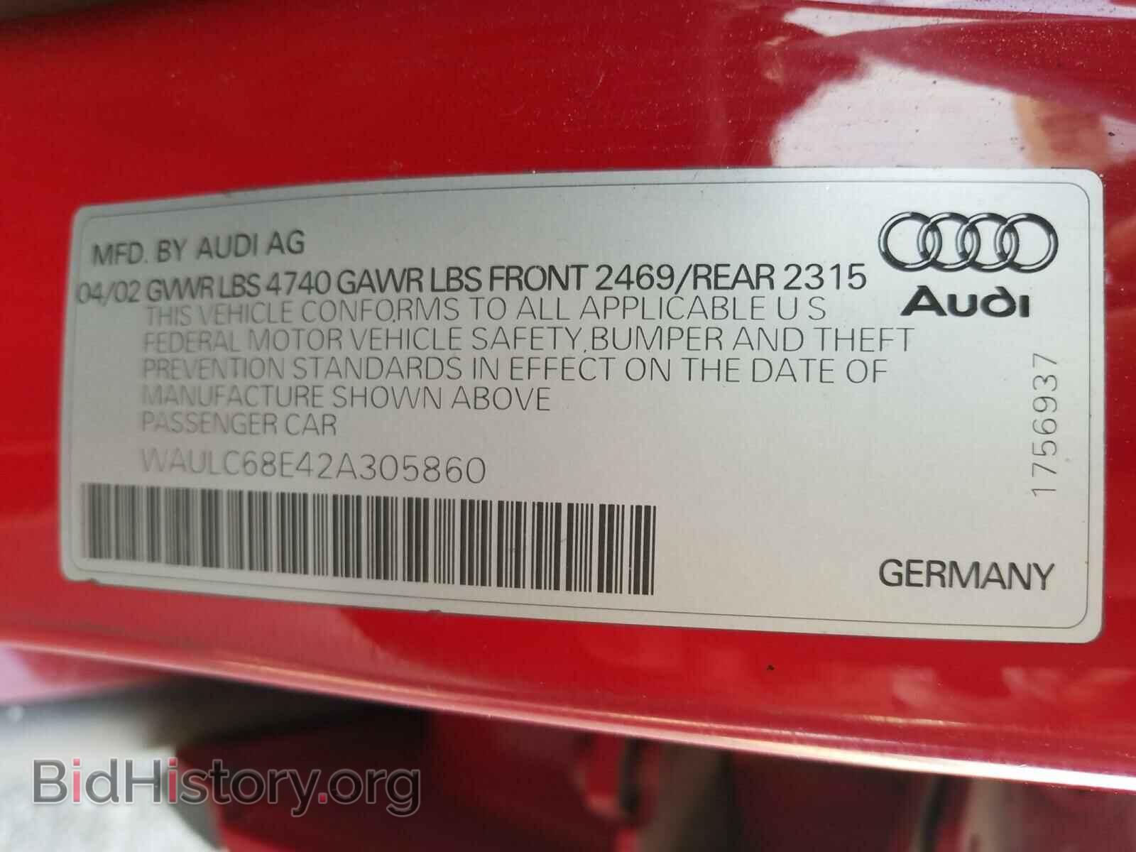 2002 AUDI A4 - VIN: WAULC68E42A305860 - Фото 10
