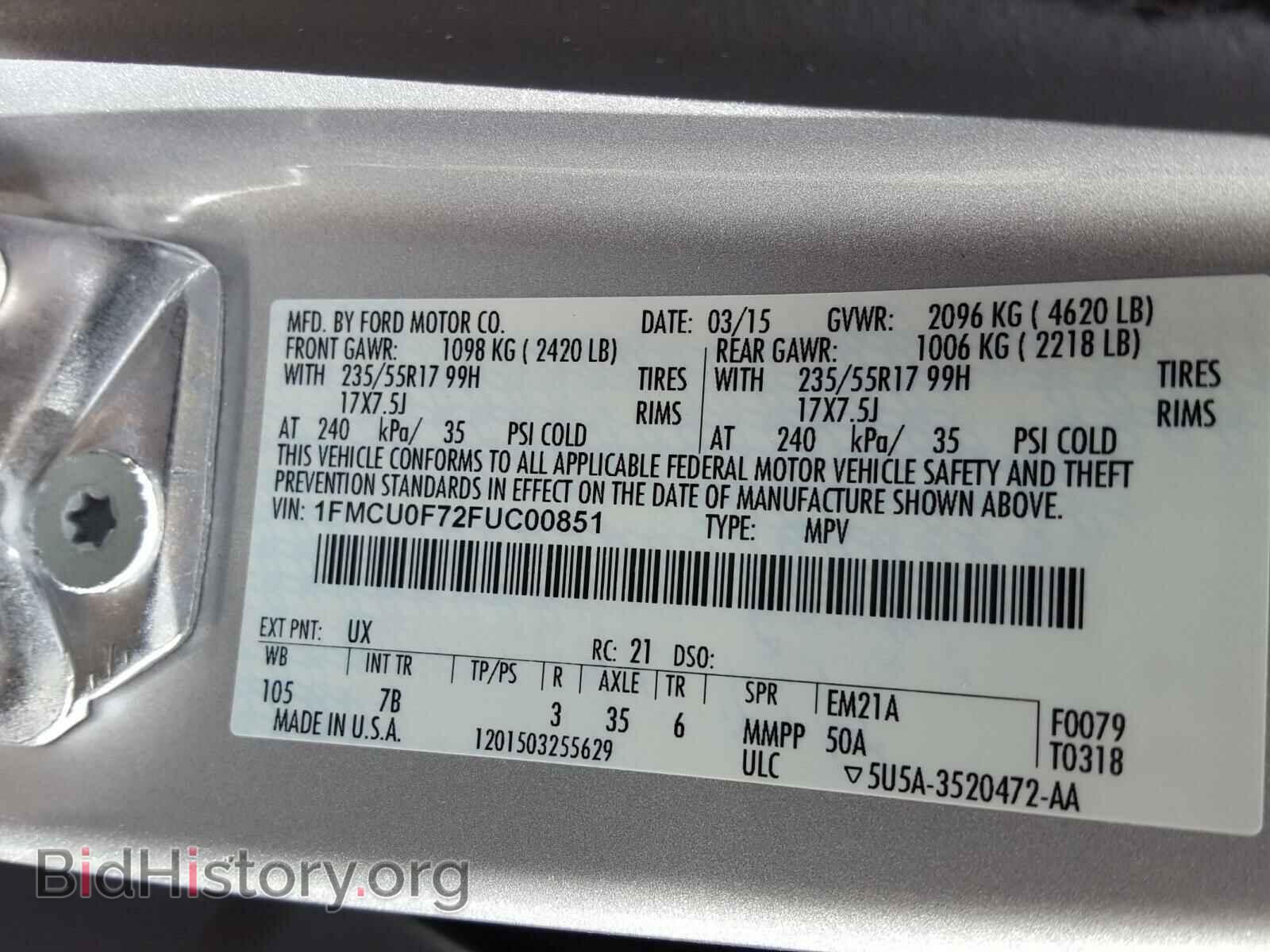 2015 FORD ESCAPE - VIN: 1FMCU0F72FUC00851 - Фото 10