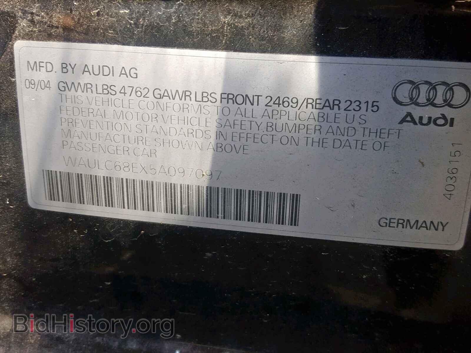 2005 AUDI A4 - VIN: WAULC68EX5A097097 - Фото 10
