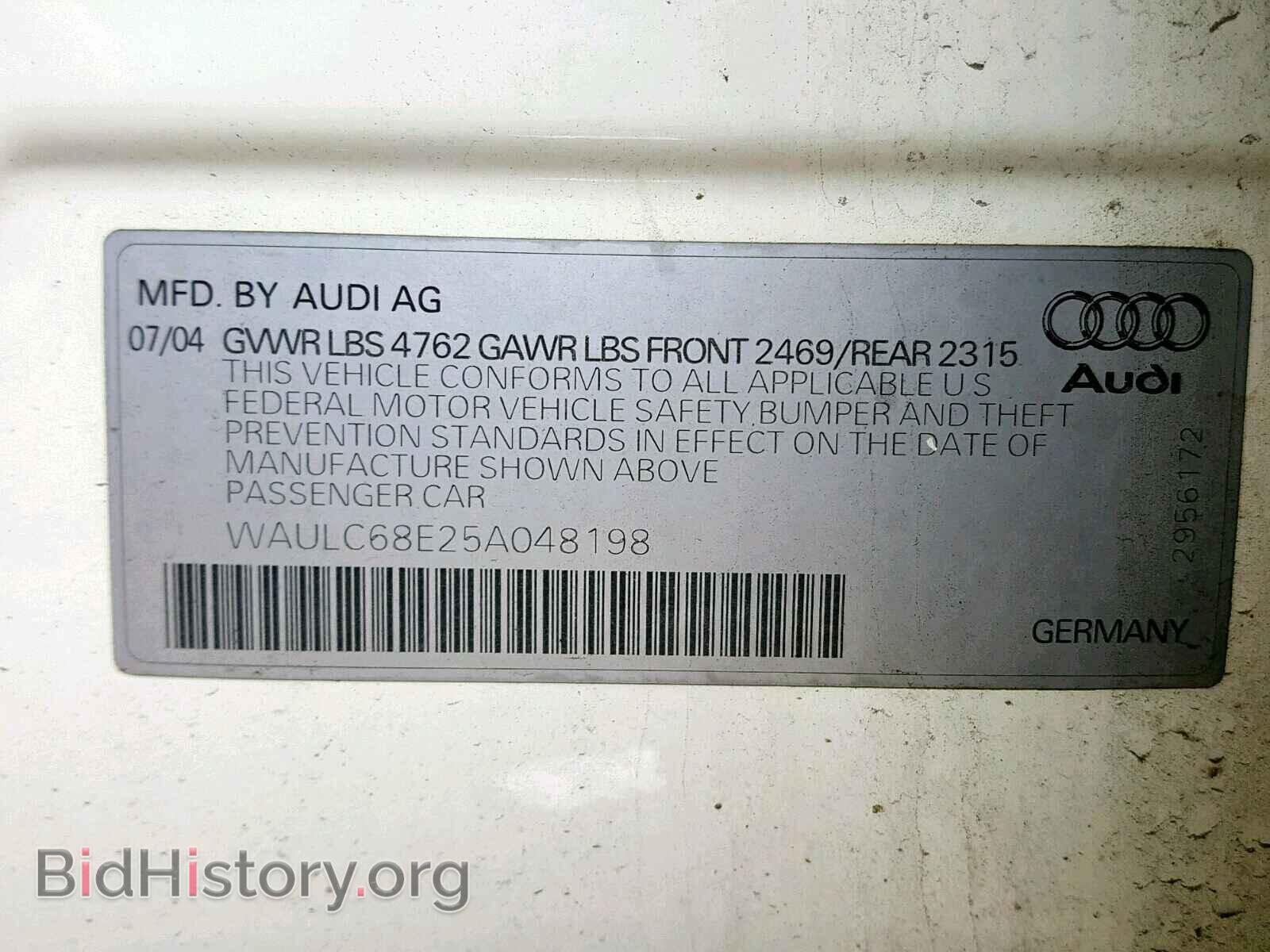 2005 AUDI A4 - VIN: WAULC68E25A048198 - Фото 10