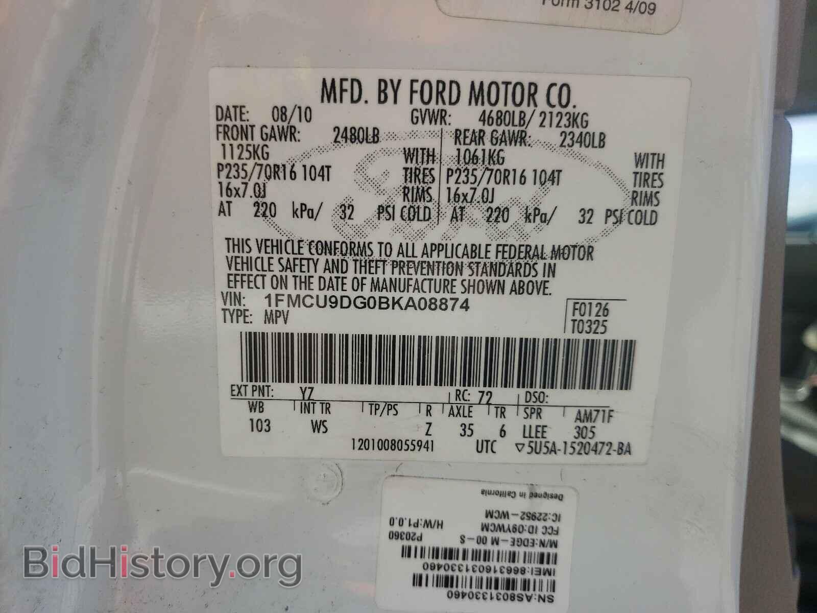 2011 FORD ESCAPE - VIN: 1FMCU9DG0BKA08874 - Фото 10