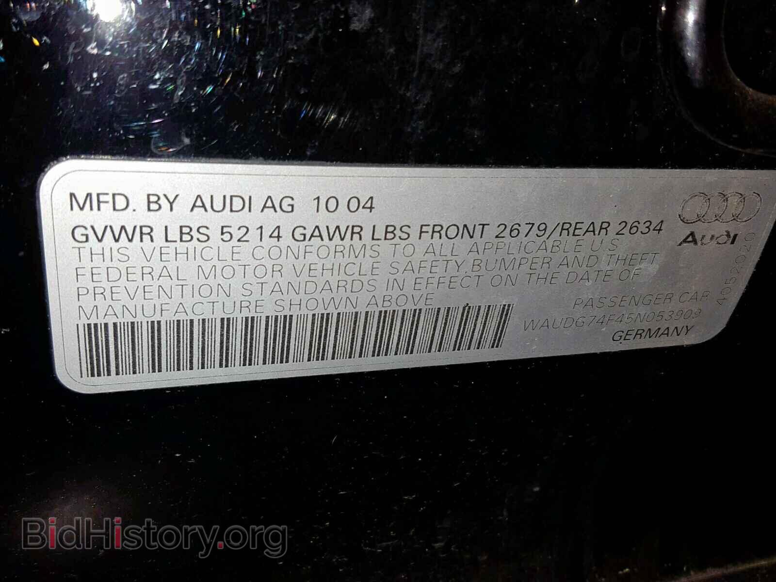 2005 AUDI A6 - VIN: WAUDG74F45N053909 - Фото 10