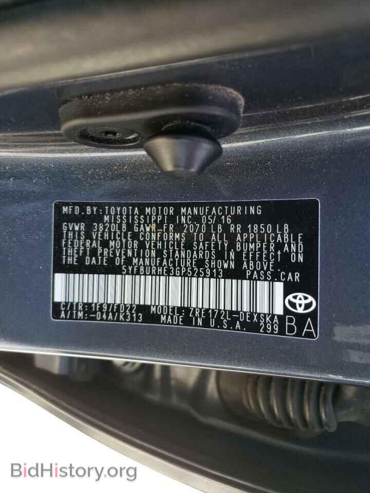 2016 TOYOTA COROLLA - VIN: 5YFBURHE3GP525913 - Фото 10