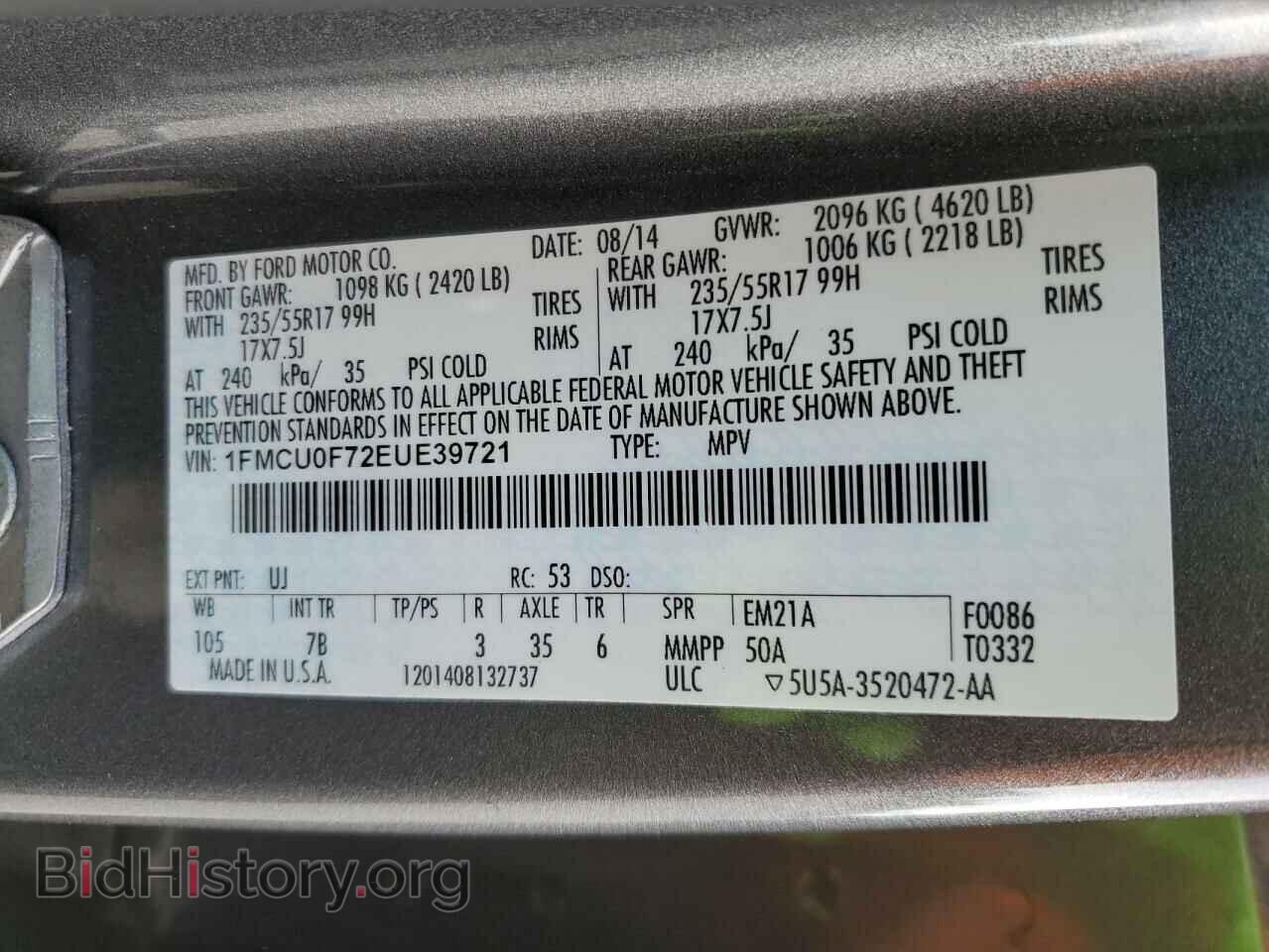 2014 FORD ESCAPE - VIN: 1FMCU0F72EUE39721 - Фото 13