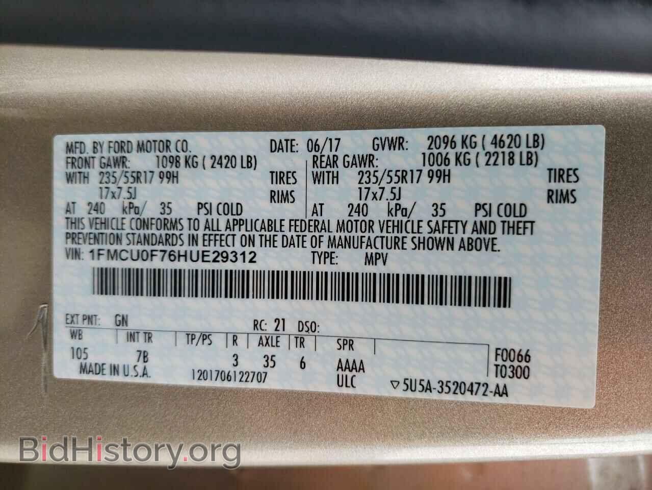 2017 FORD ESCAPE - VIN: 1FMCU0F76HUE29312 - Фото 13