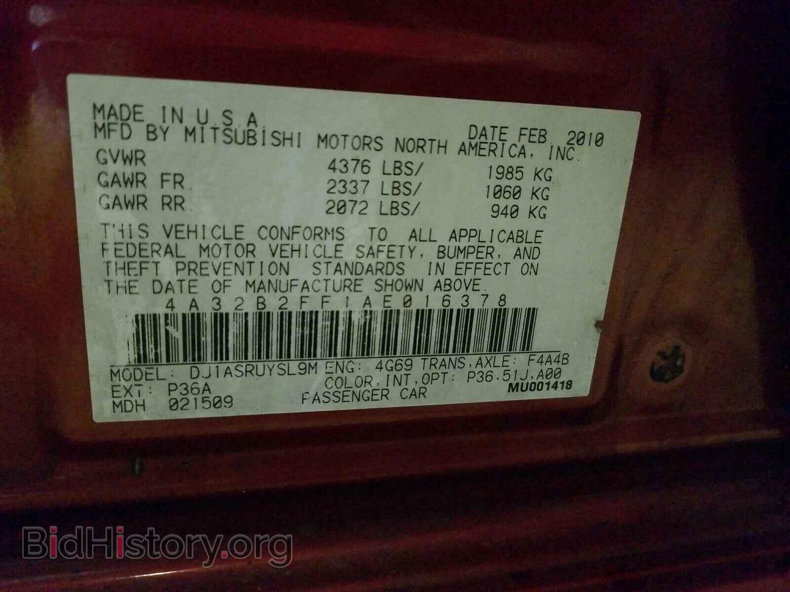 2010 MITSUBISHI GALANT - VIN: 4A32B2FF1AE016378 - Фото 10