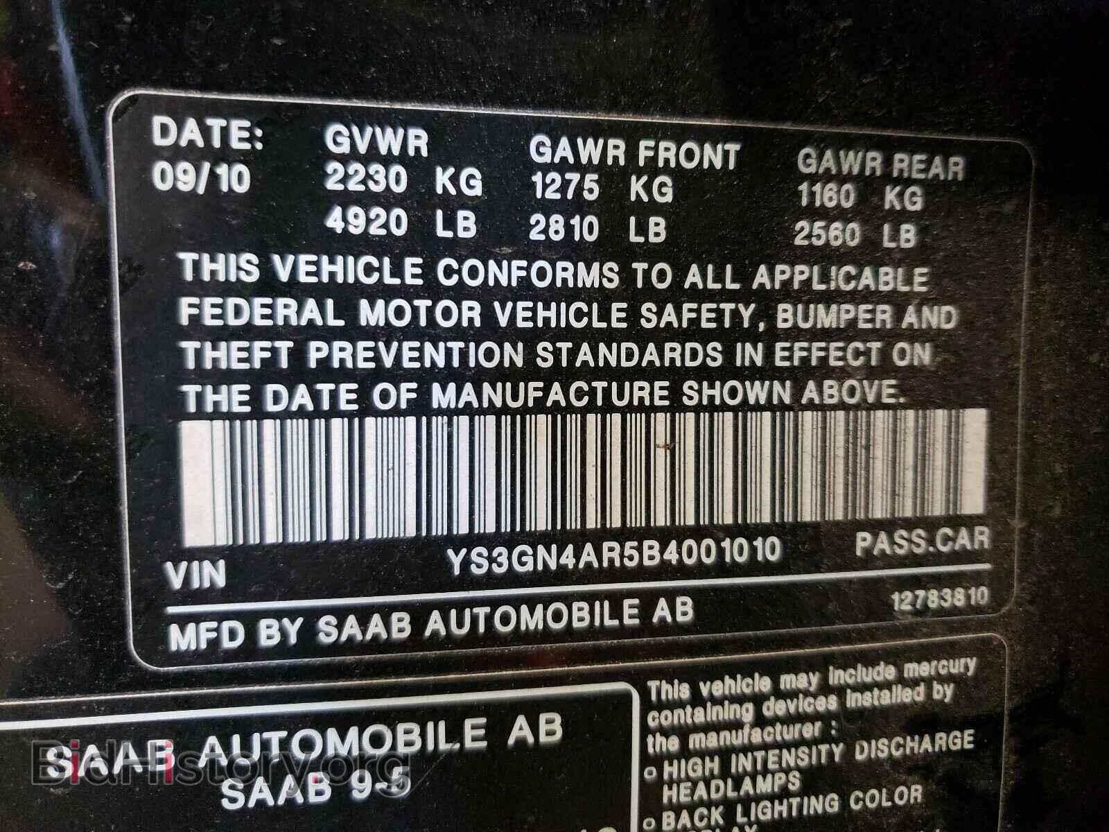 2011 SAAB 9 5 - VIN: YS3GN4AR5B4001010 - Фото 10