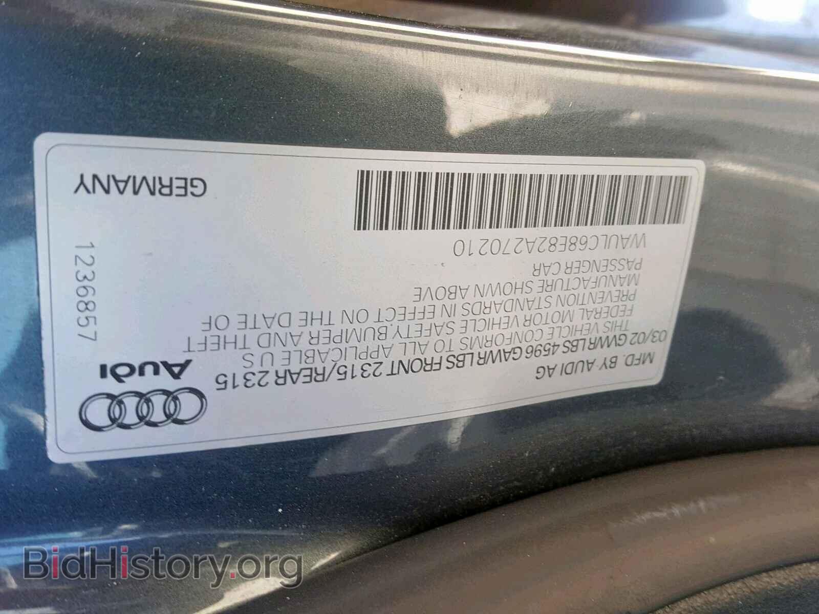 2002 AUDI A4 - VIN: WAULC68E82A270210 - Фото 10