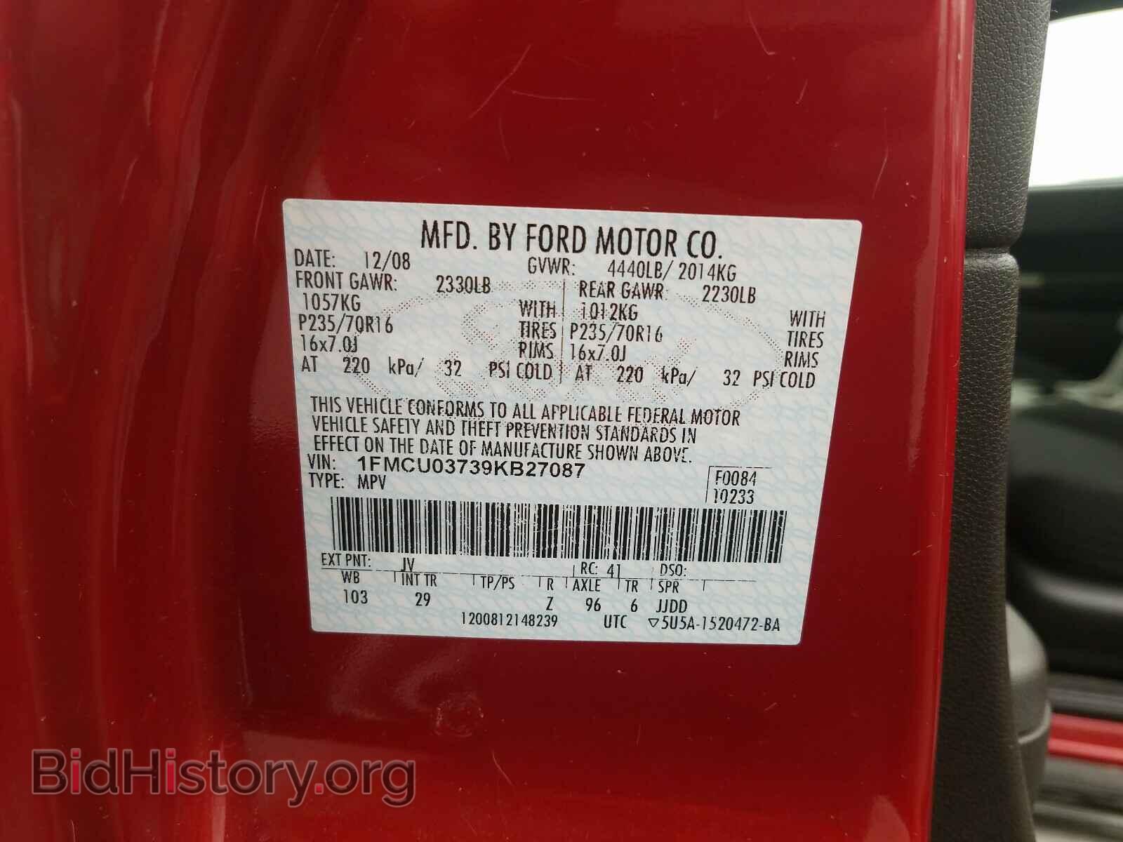 2009 FORD ESCAPE - VIN: 1FMCU03739KB27087 - Фото 10