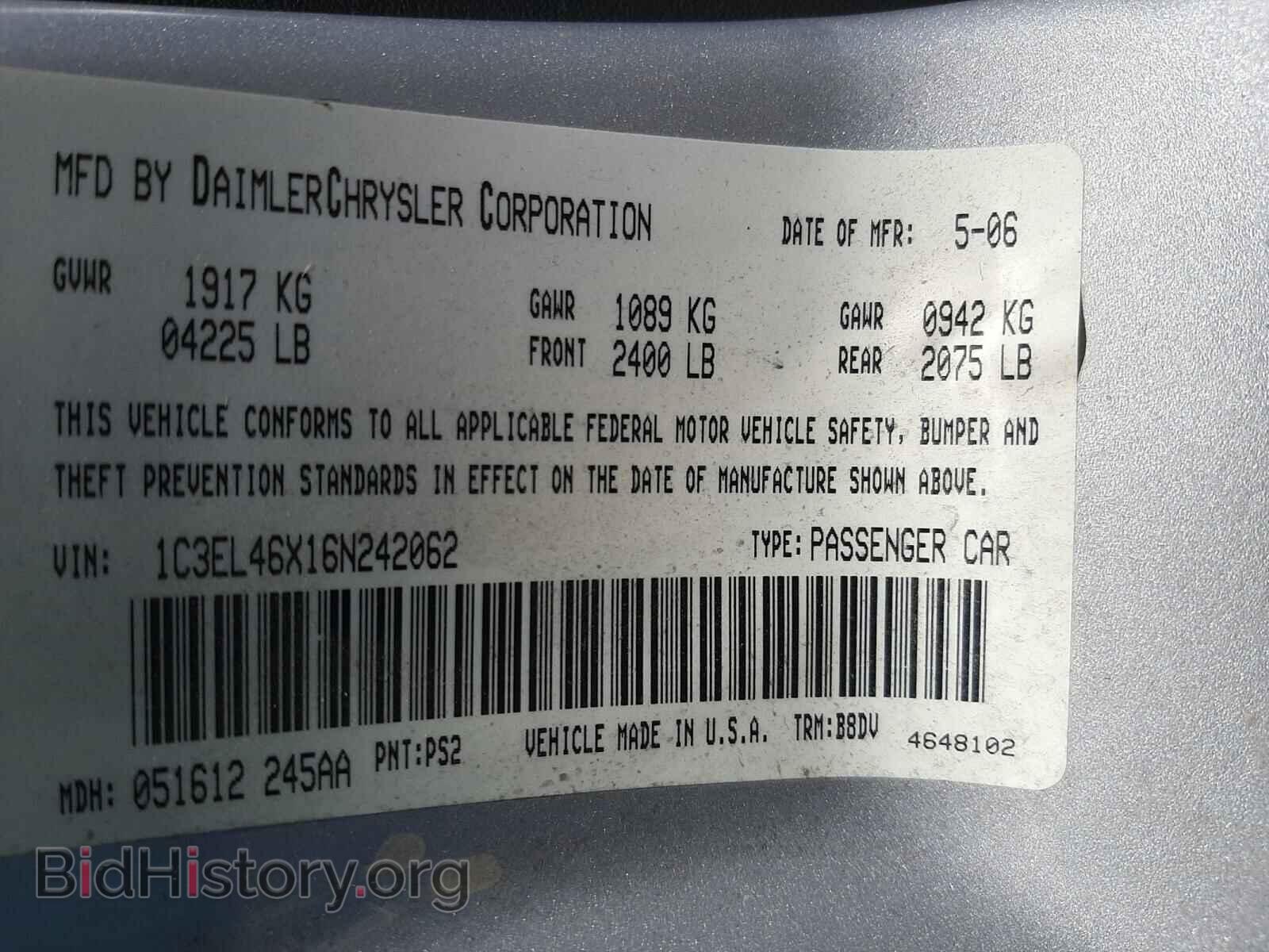2006 CHRYSLER SEBRING - VIN: 1C3EL46X16N242062 - Фото 10