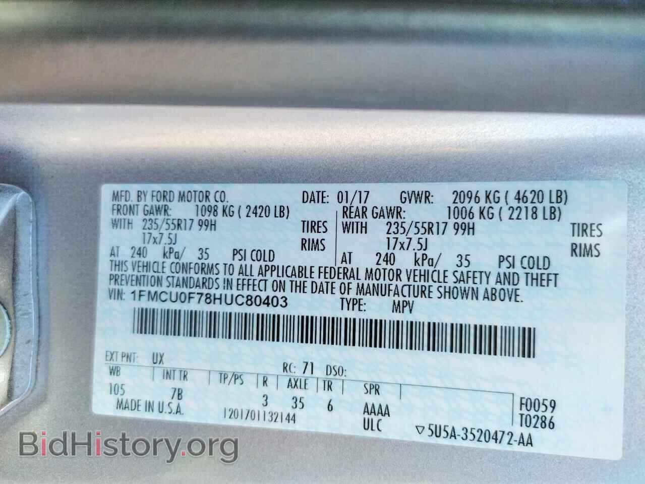 2017 FORD ESCAPE - VIN: 1FMCU0F78HUC80403 - Фото 10