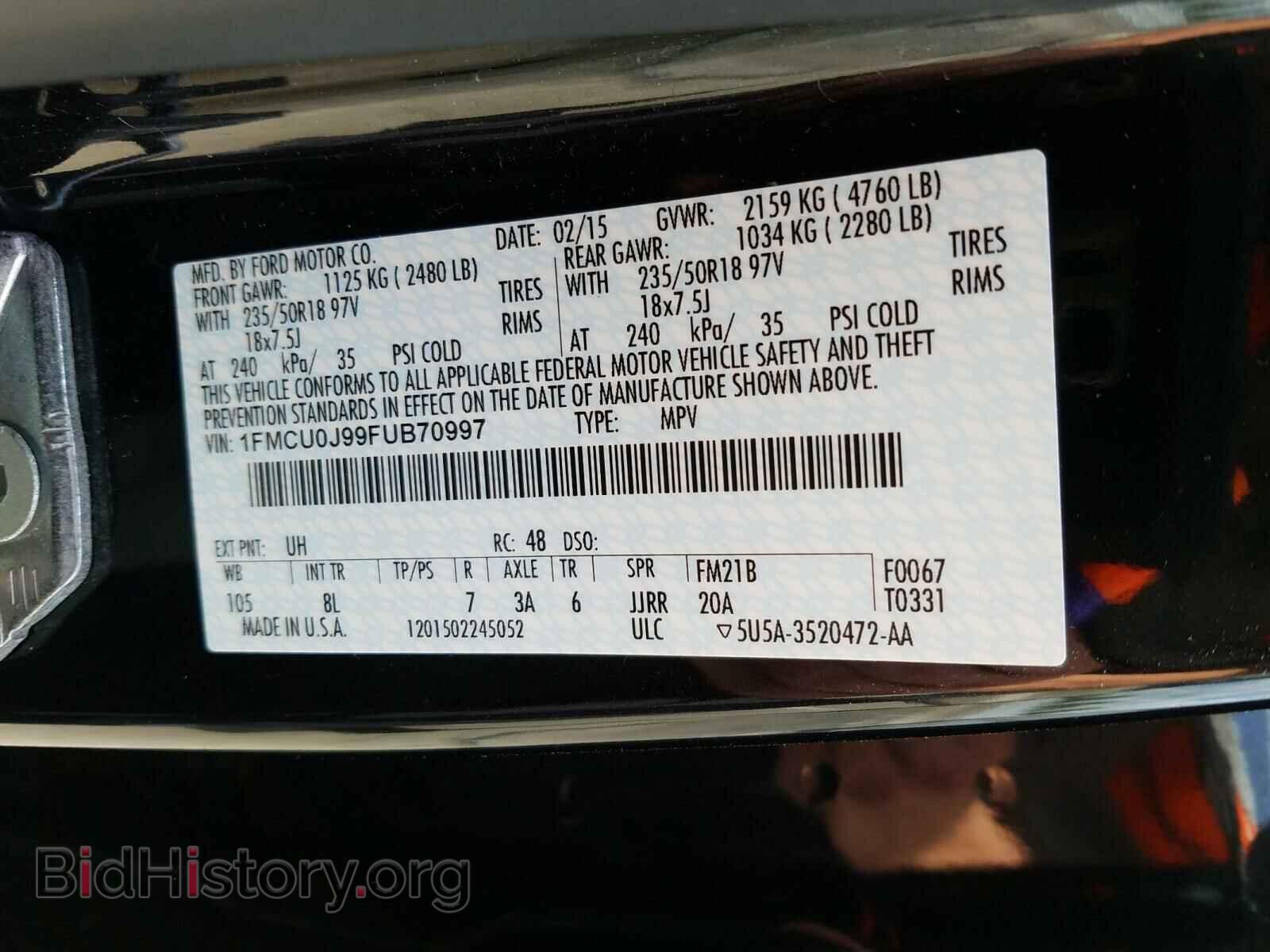 2015 FORD ESCAPE - VIN: 1FMCU0J99FUB70997 - Фото 10