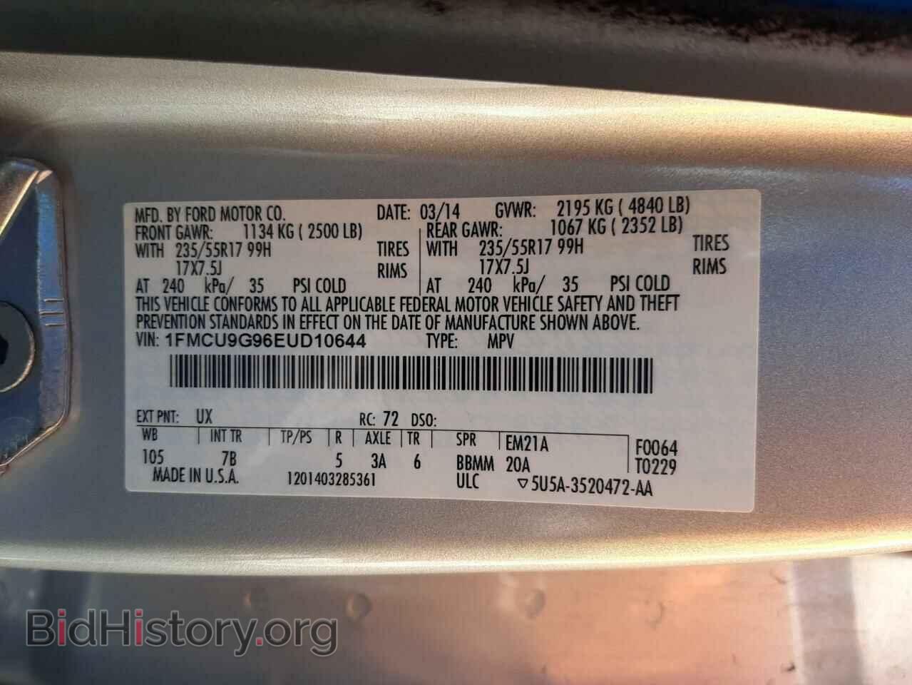 2014 FORD ESCAPE - VIN: 1FMCU9G96EUD10644 - Фото 10