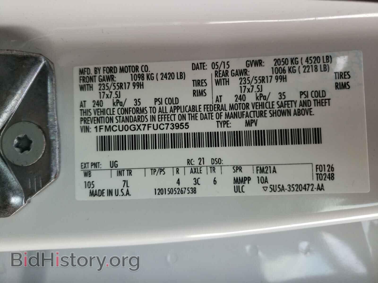 2015 FORD ESCAPE - VIN: 1FMCU0GX7FUC73955 - Фото 10