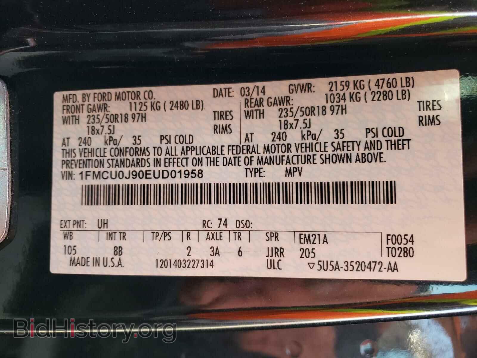 2014 FORD ESCAPE - VIN: 1FMCU0J90EUD01958 - Фото 10