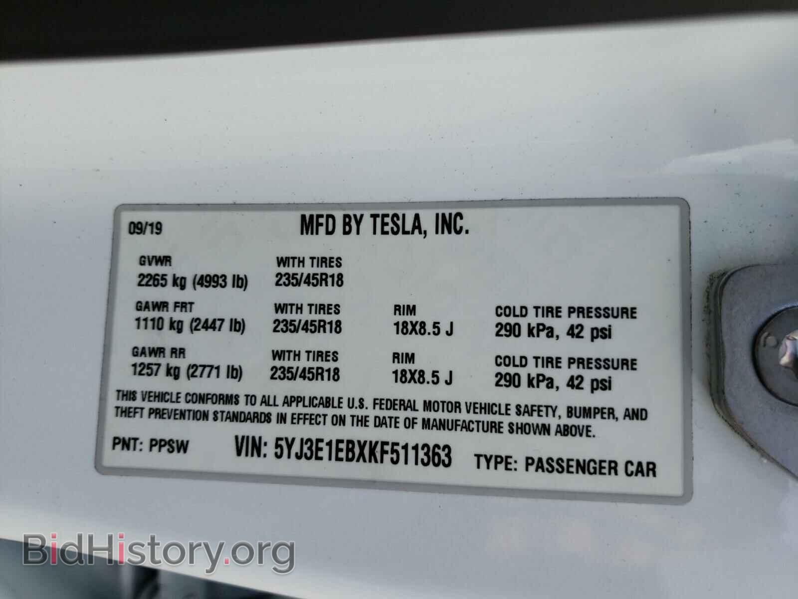 2019 TESLA MODEL 3 - VIN: 5YJ3E1EBXKF511363 - Фото 10