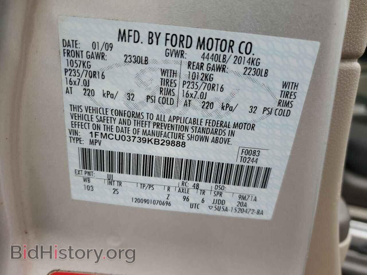2009 FORD ESCAPE - VIN: 1FMCU03739KB29888 - Фото 13