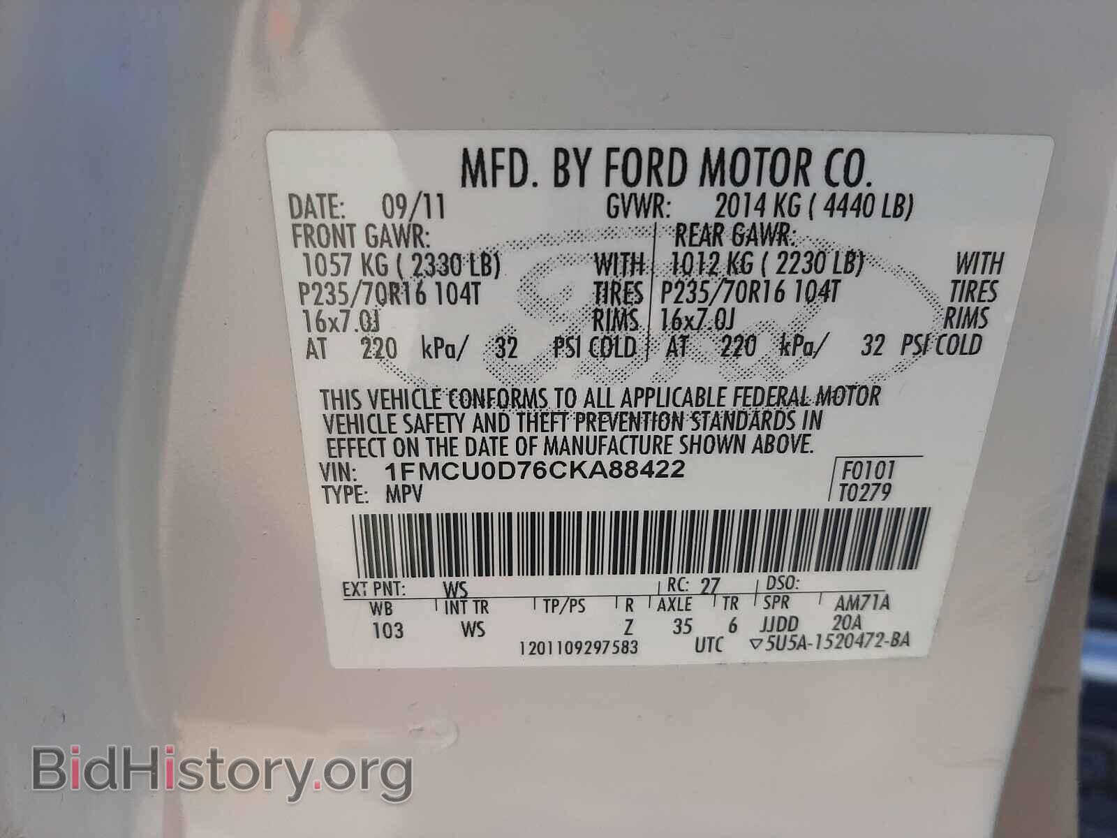 2012 FORD ESCAPE - VIN: 1FMCU0D76CKA88422 - Фото 10