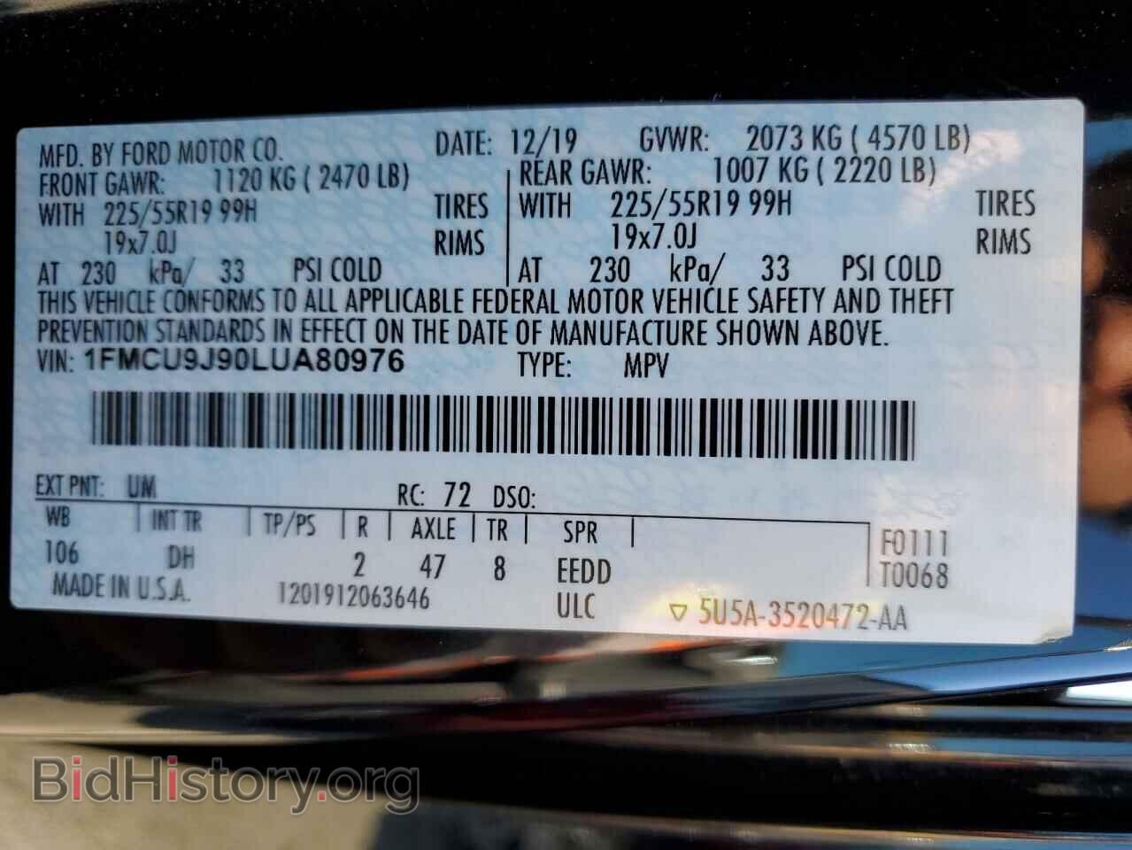 2020 FORD ESCAPE - VIN: 1FMCU9J90LUA80976 - Фото 10