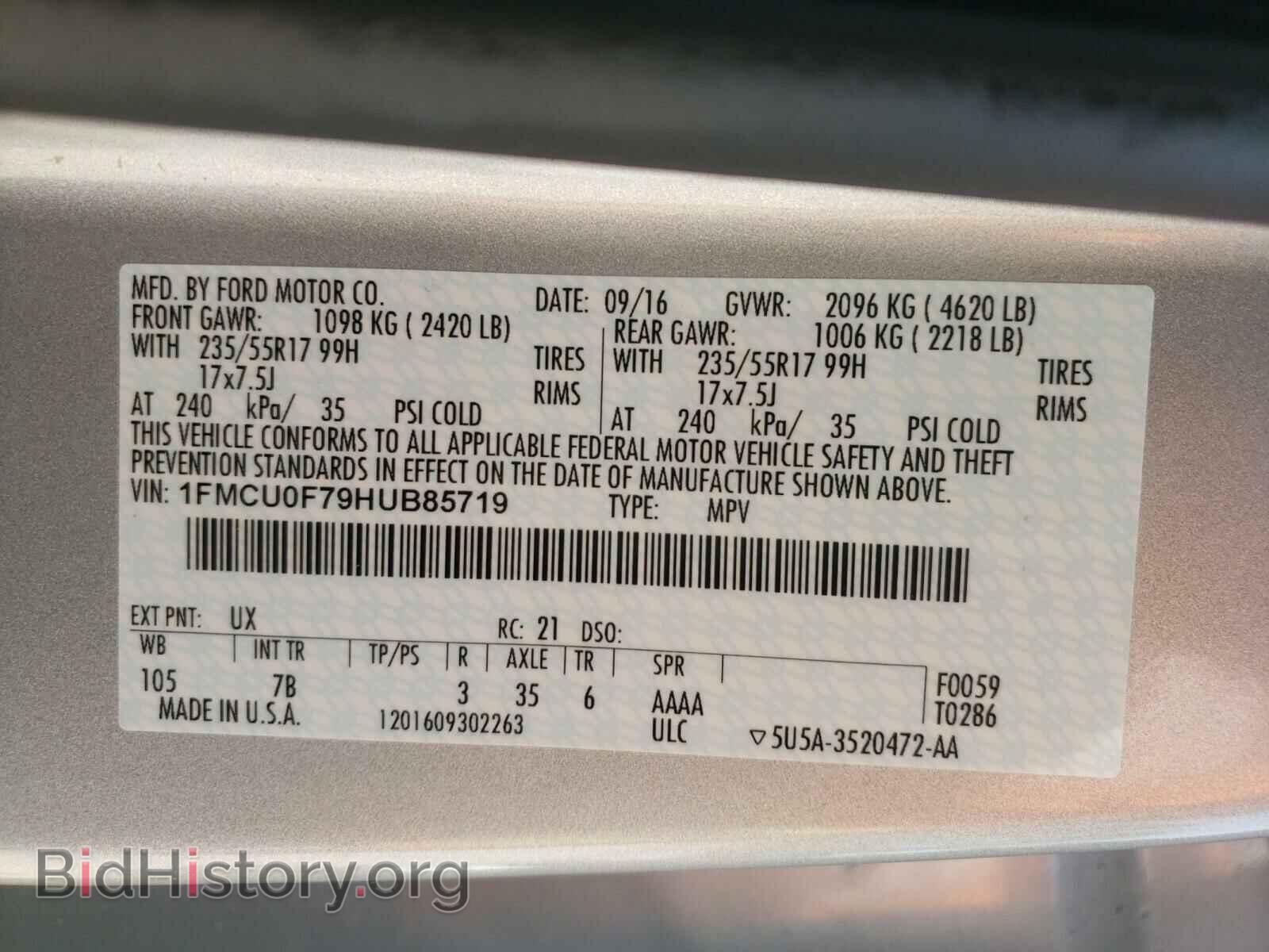 2017 FORD ESCAPE - VIN: 1FMCU0F79HUB85719 - Фото 10