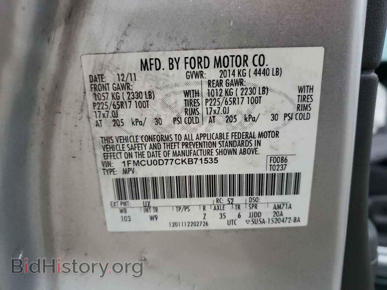 2012 FORD ESCAPE - VIN: 1FMCU0D77CKB71535 - Фото 13