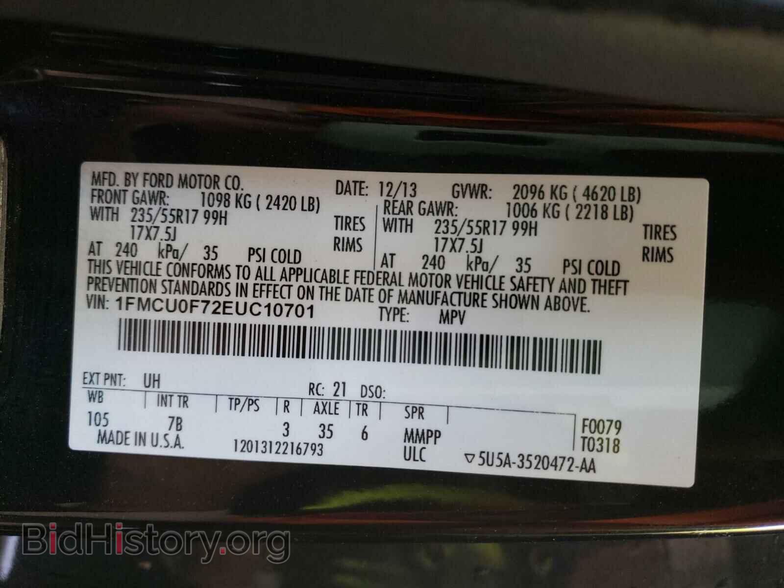 2014 FORD ESCAPE - VIN: 1FMCU0F72EUC10701 - Фото 10