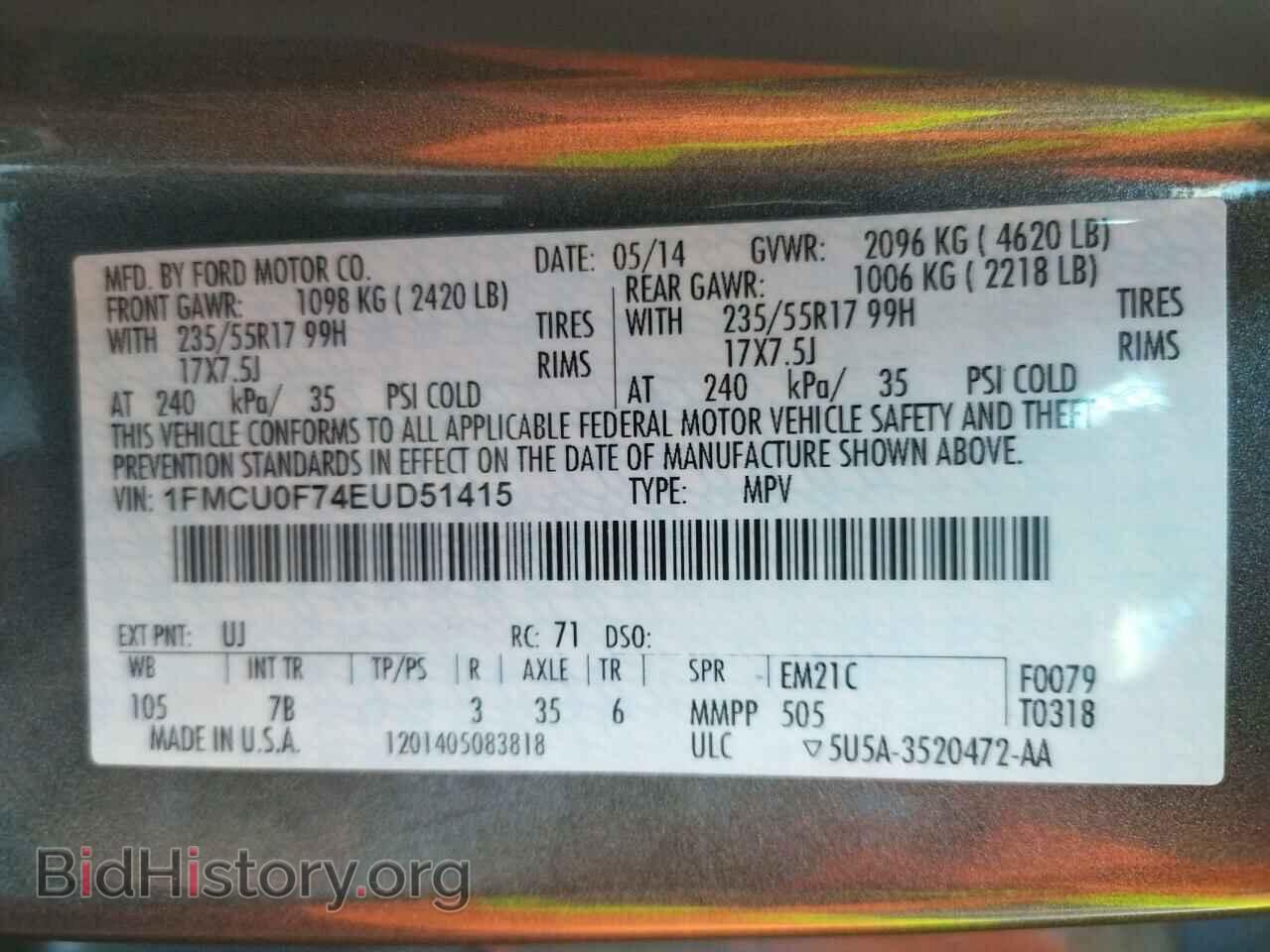 2014 FORD ESCAPE - VIN: 1FMCU0F74EUD51415 - Фото 10