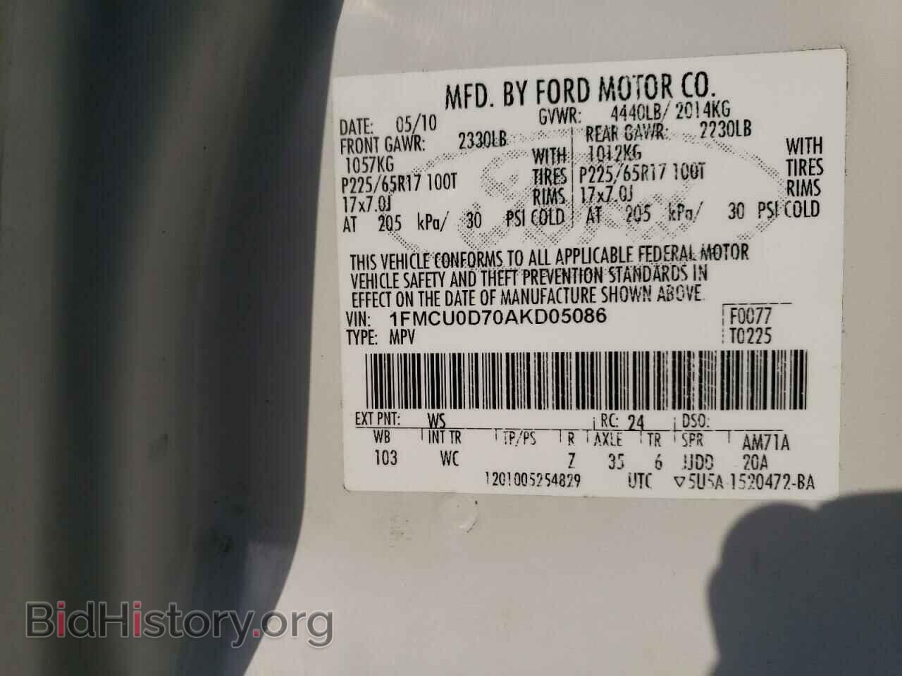 2010 FORD ESCAPE - VIN: 1FMCU0D70AKD05086 - Фото 10