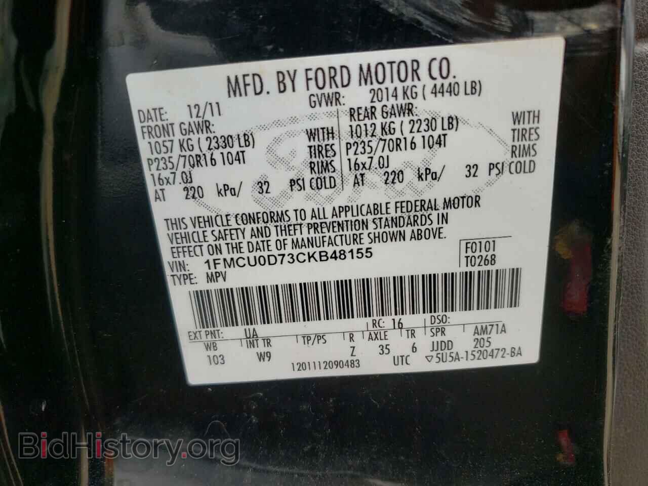 2012 FORD ESCAPE - VIN: 1FMCU0D73CKB48155 - Фото 10