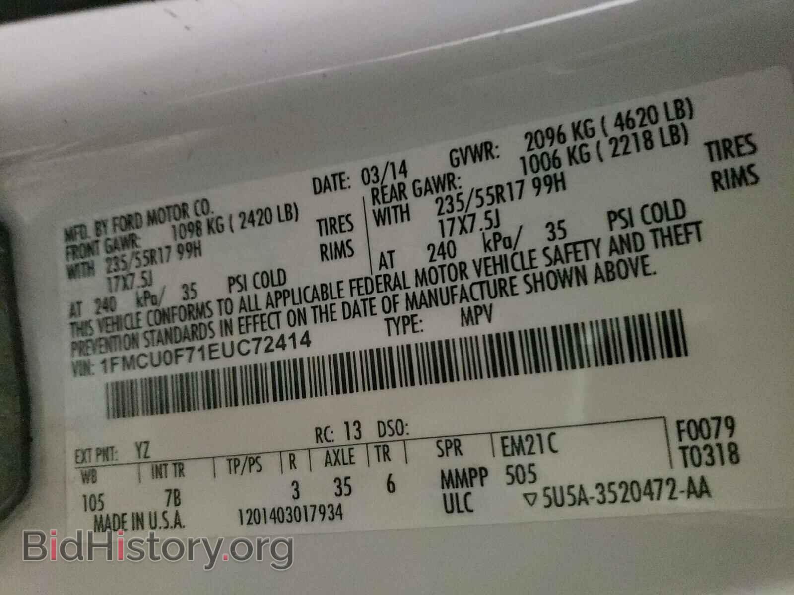 2014 FORD ESCAPE - VIN: 1FMCU0F71EUC72414 - Фото 10