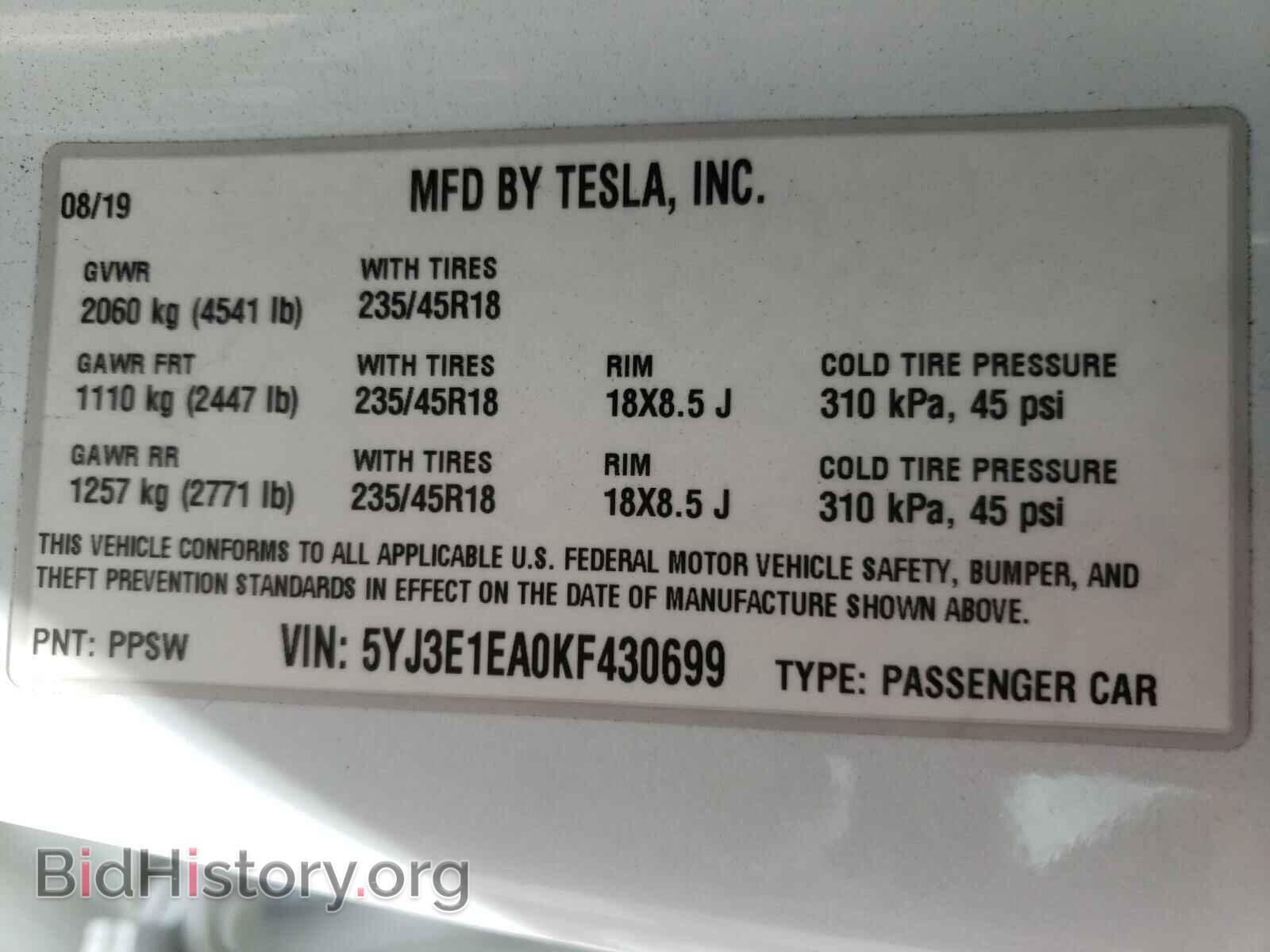 2019 TESLA MODEL 3 - VIN: 5YJ3E1EA0KF430699 - Photo 10