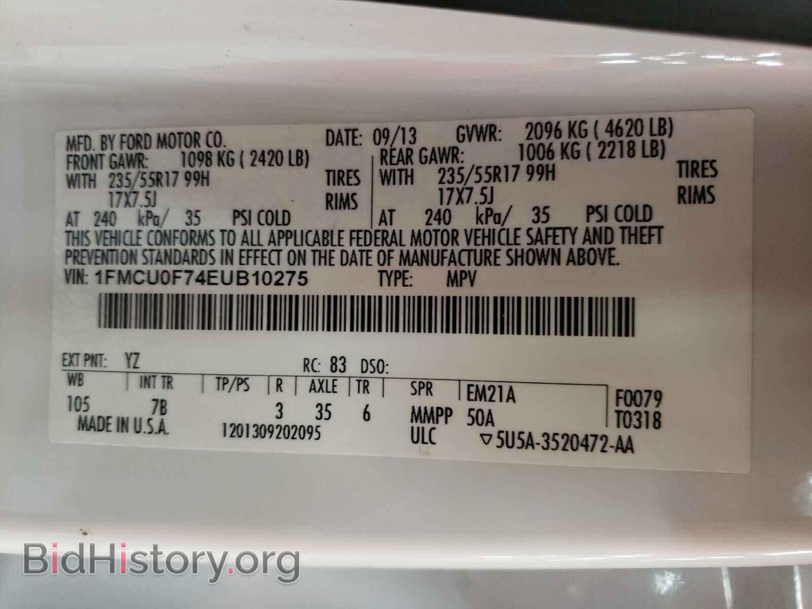 2014 FORD ESCAPE - VIN: 1FMCU0F74EUB10275 - Фото 10
