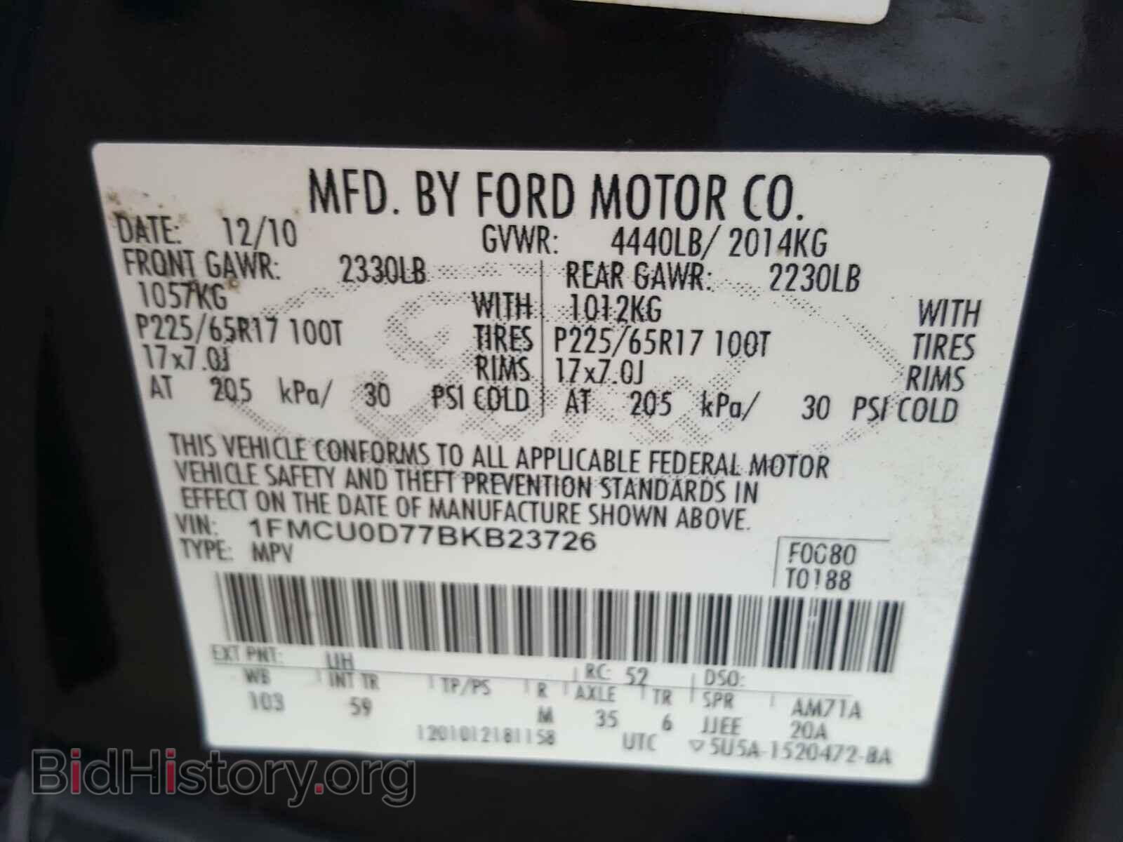 2011 FORD ESCAPE - VIN: 1FMCU0D77BKB23726 - Фото 10