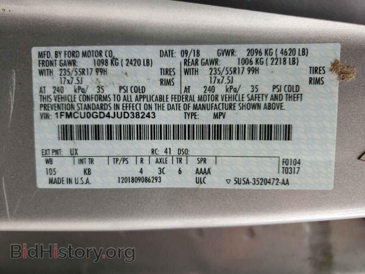 2018 FORD ESCAPE - VIN: 1FMCU0GD4JUD38243 - Фото 10