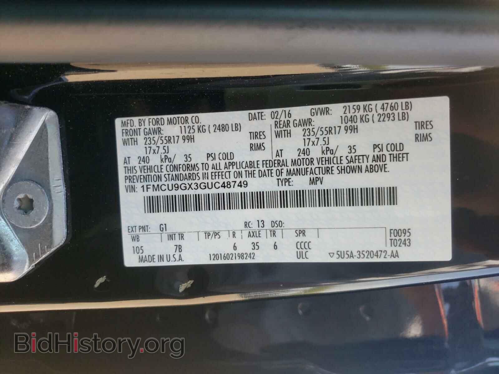 2016 FORD ESCAPE - VIN: 1FMCU9GX3GUC48749 - Фото 10