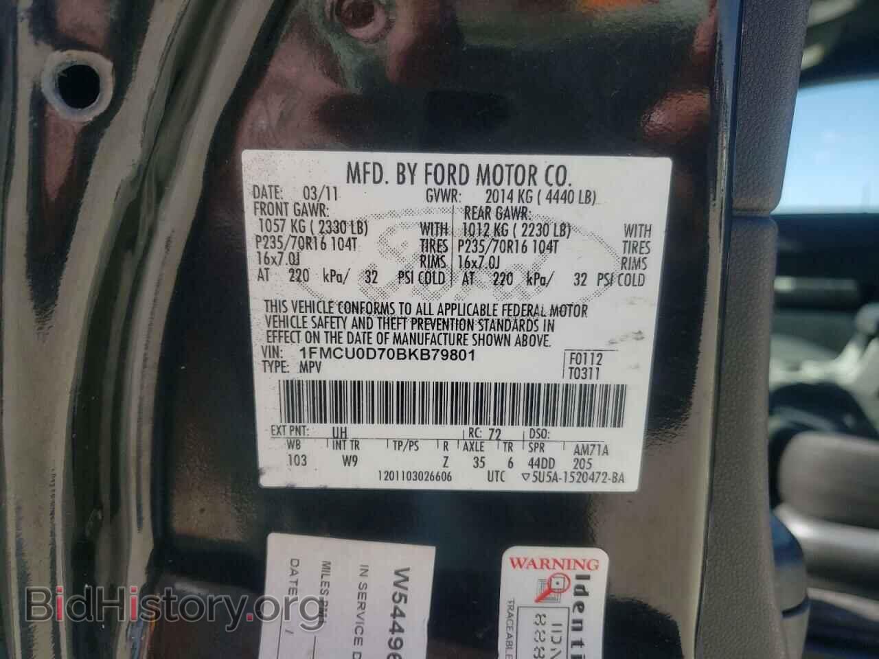 2011 FORD ESCAPE - VIN: 1FMCU0D70BKB79801 - Фото 10