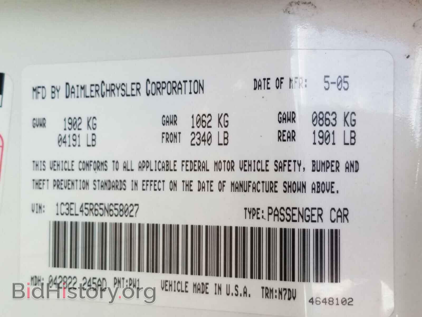 2005 CHRYSLER SEBRING - VIN: 1C3EL45R65N658027 - Фото 10