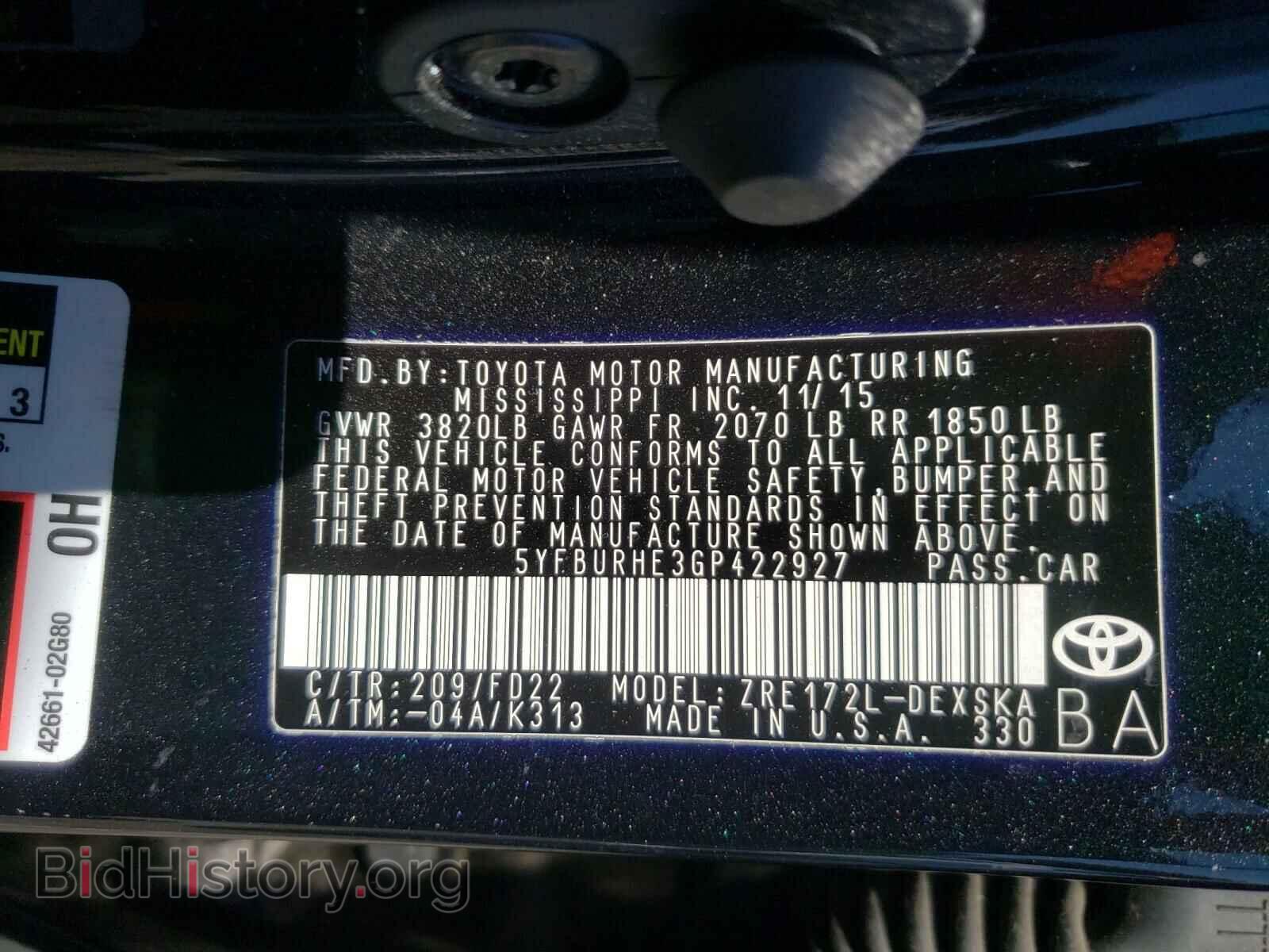 2016 TOYOTA COROLLA - VIN: 5YFBURHE3GP422927 - Фото 10