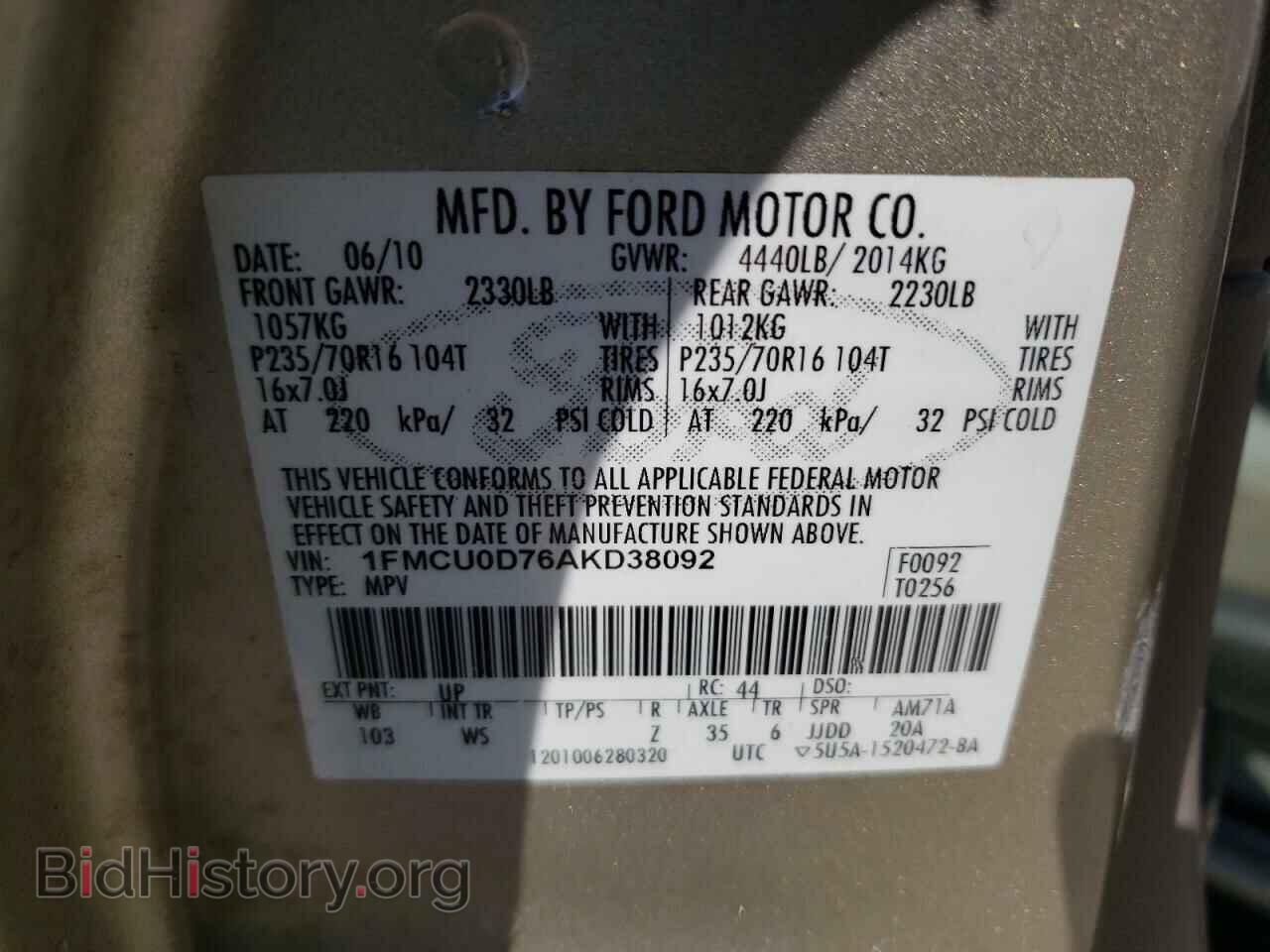 2010 FORD ESCAPE - VIN: 1FMCU0D76AKD38092 - Фото 13