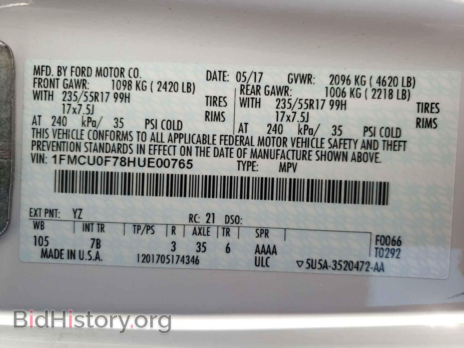 2017 FORD ESCAPE - VIN: 1FMCU0F78HUE00765 - Фото 10
