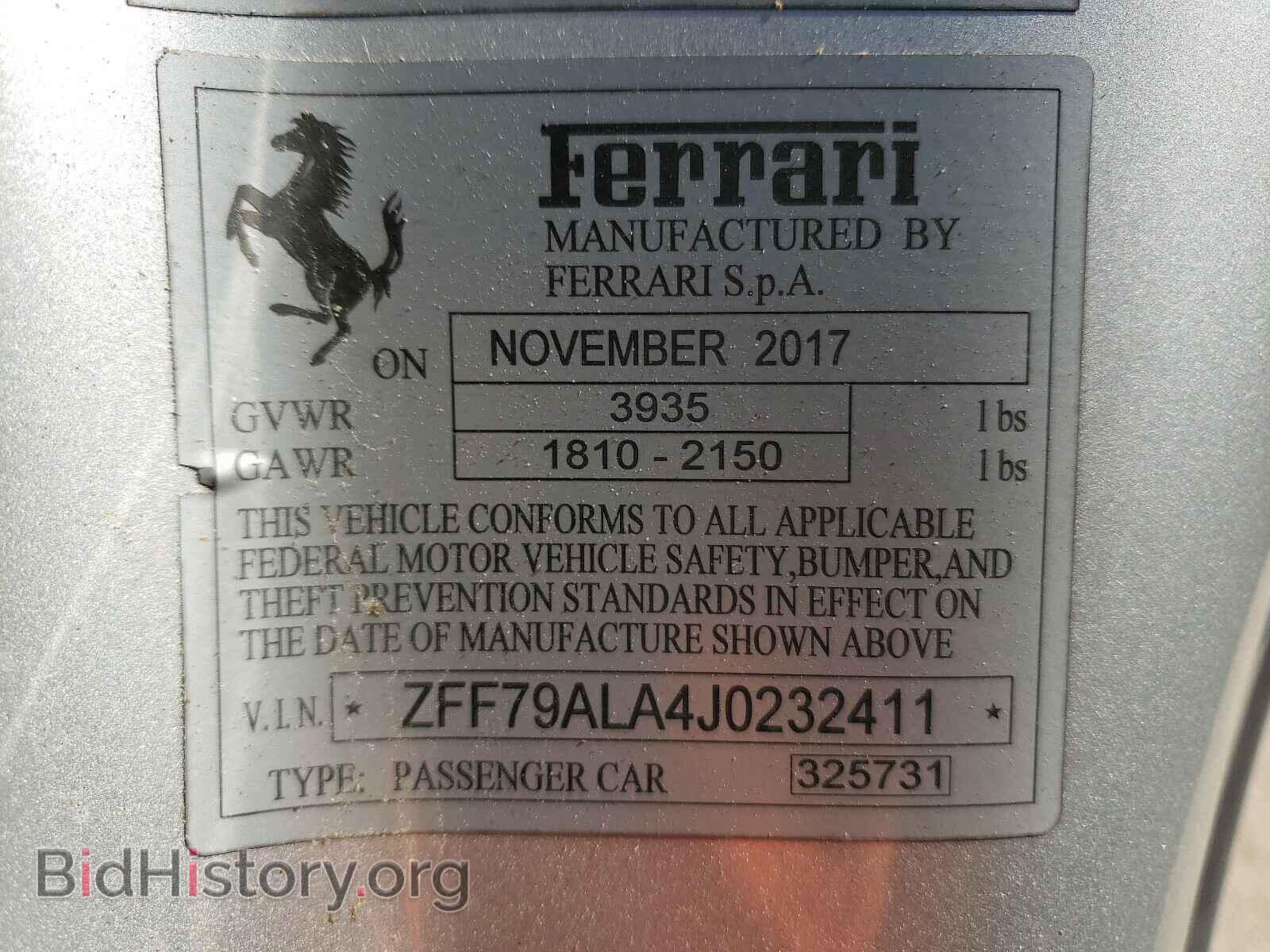 2018 FERRARI ALL MODELS - VIN: ZFF79ALA4J0232411 - Фото 10