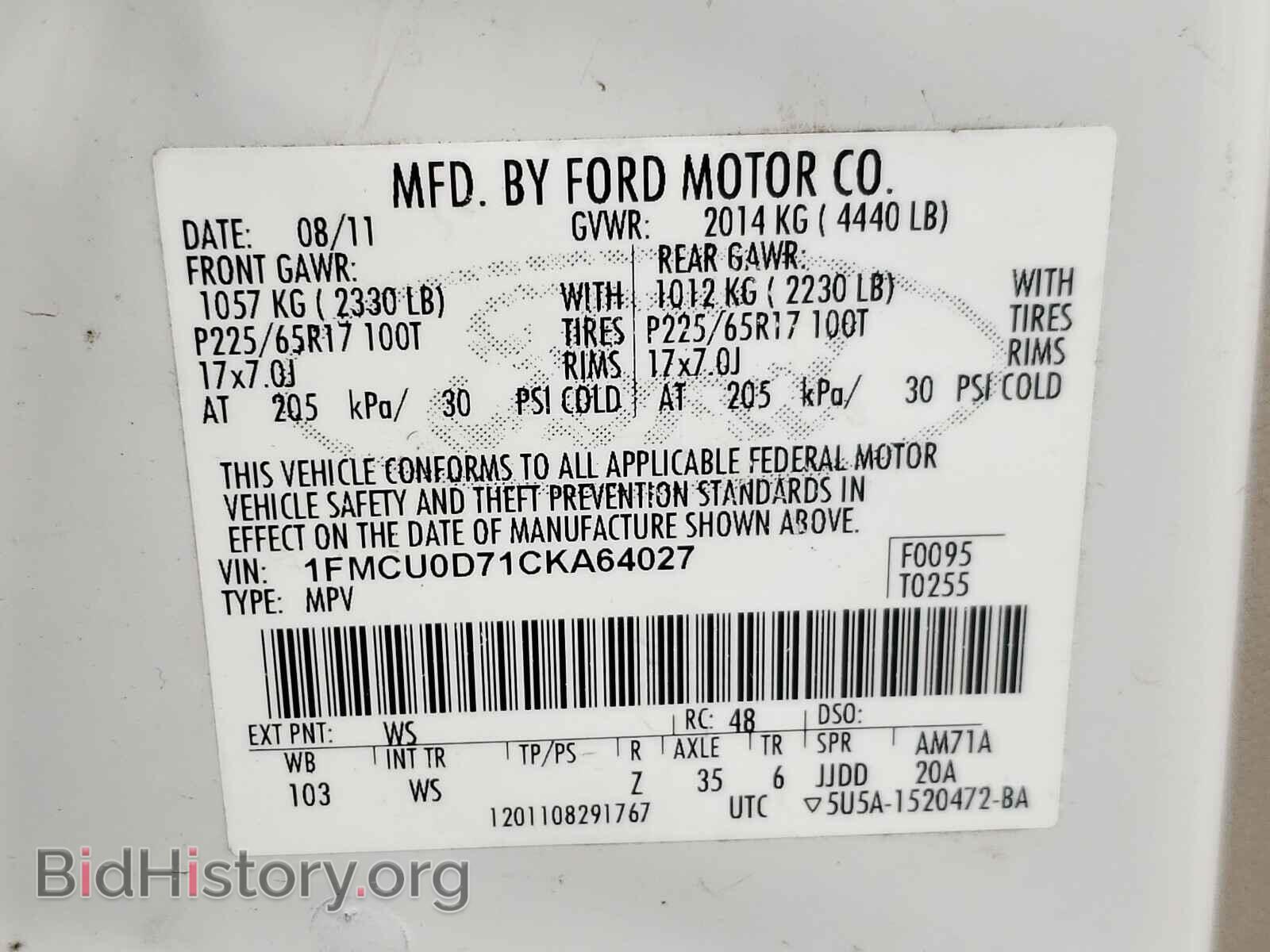 2012 FORD ESCAPE - VIN: 1FMCU0D71CKA64027 - Фото 10