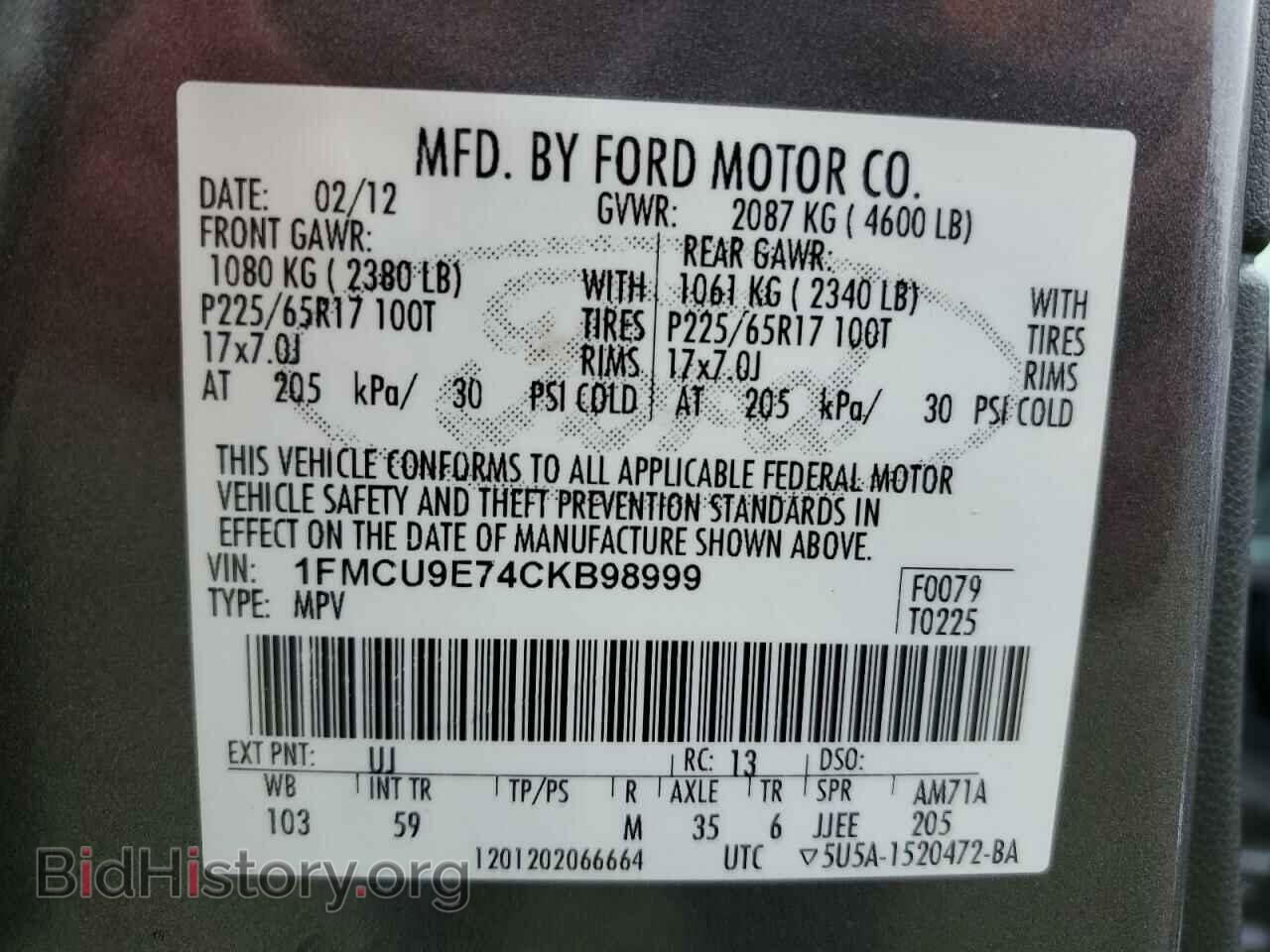 2012 FORD ESCAPE - VIN: 1FMCU9E74CKB98999 - Фото 14